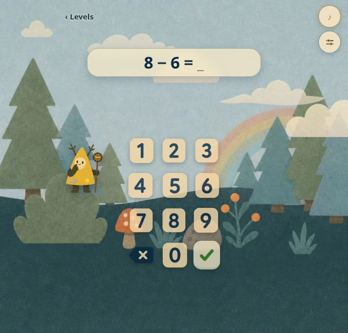 Daytime subtraction practice with a yellow-hatted guide.
