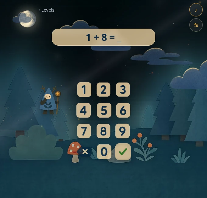 Actual Quiet Forest Numbers addition screen, with cream number keys, the blue-hatted guide and a moonlit forest.