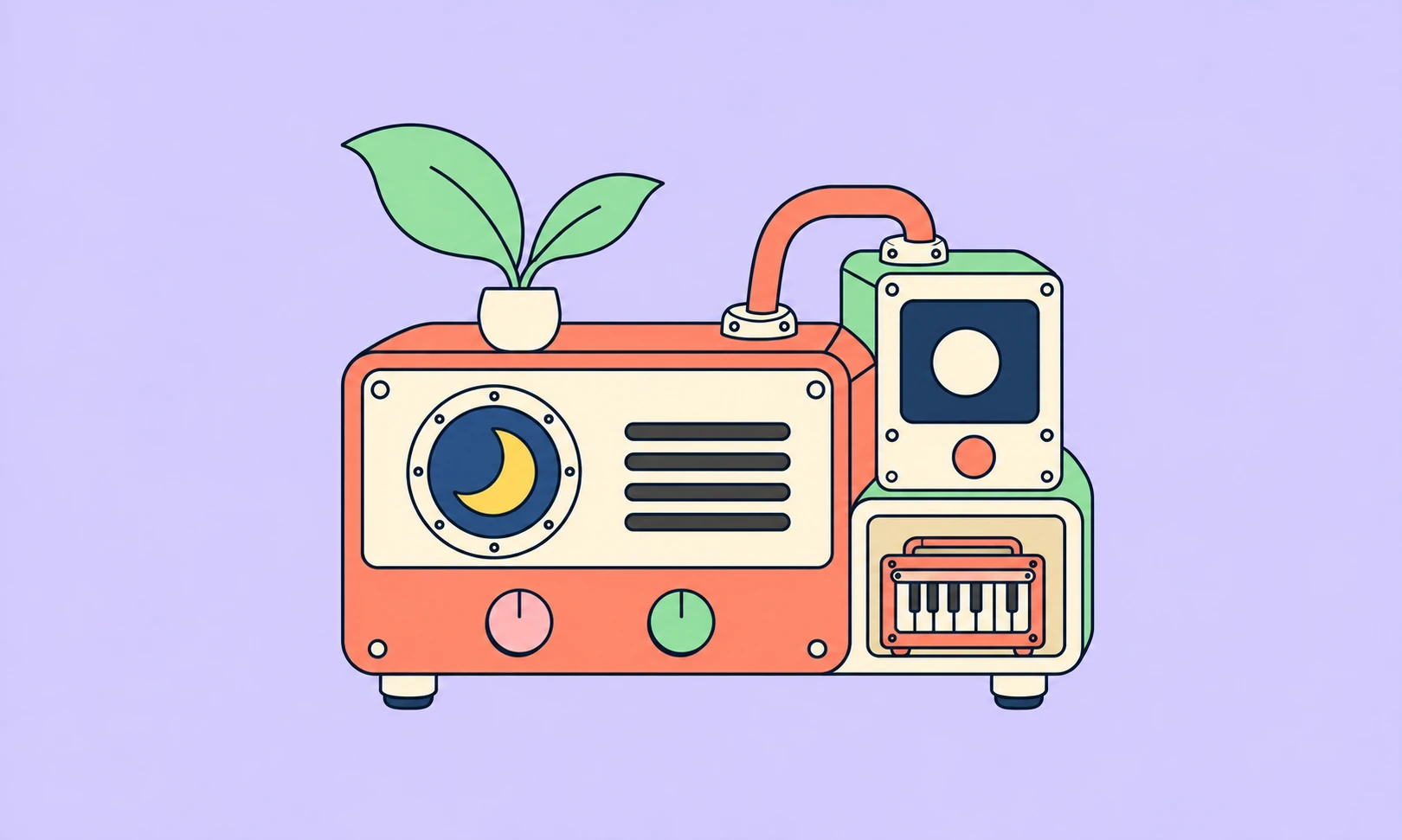 A playful coral music station with a yellow crescent badge, mint plant and speaker, and a tiny harmonium tucked into its lower shelf.
