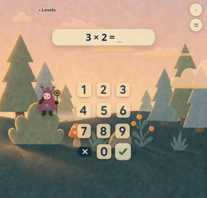 Sunrise multiplication practice with a red-hatted guide.