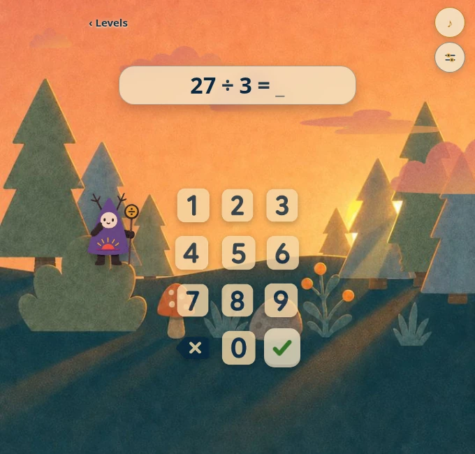 Sunset division practice with a purple-hatted guide.
