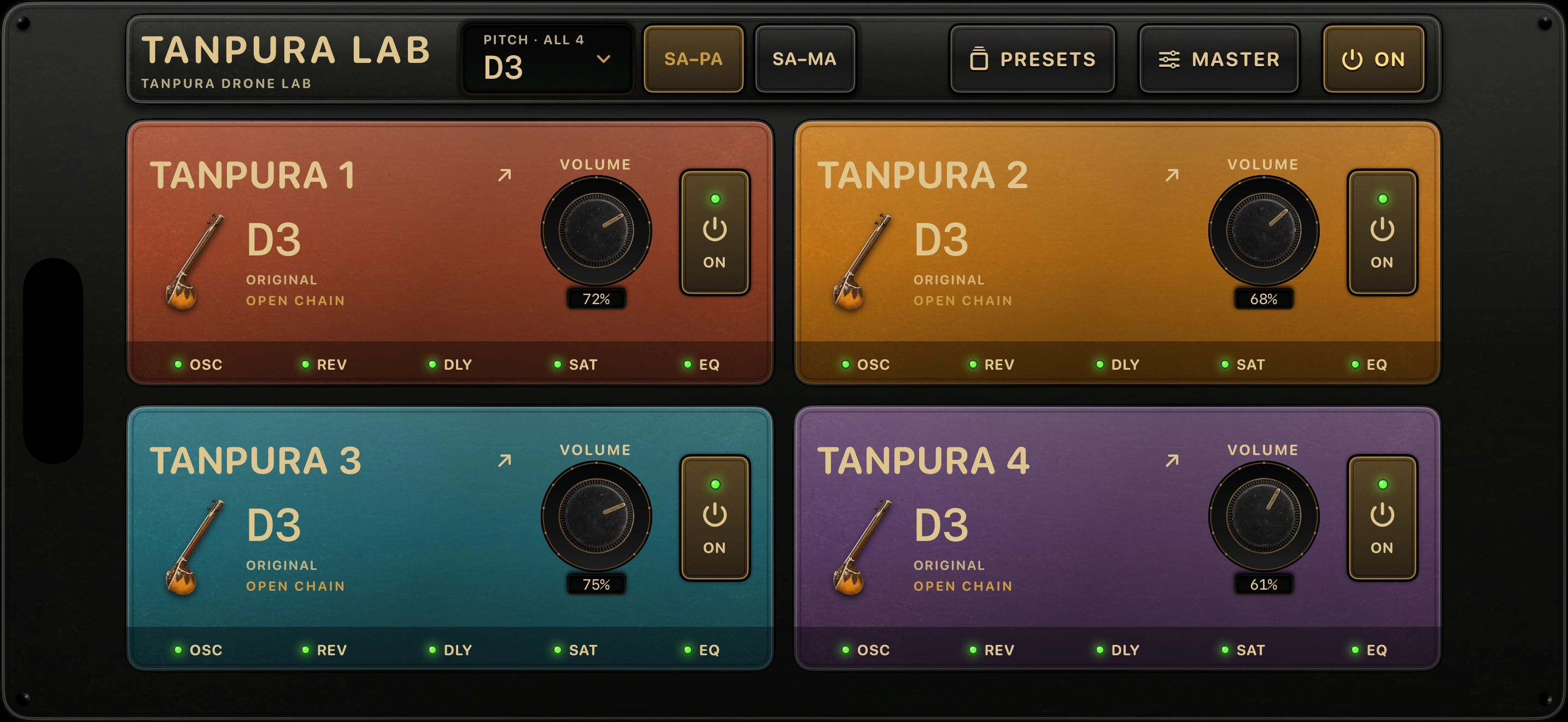 Tanpura Lab prerelease interface showing its four voice controls and shared master settings.